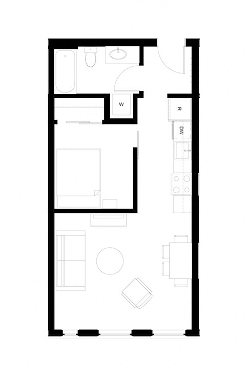 Floor plan for 1 bed, 1 bath, 524 sqft